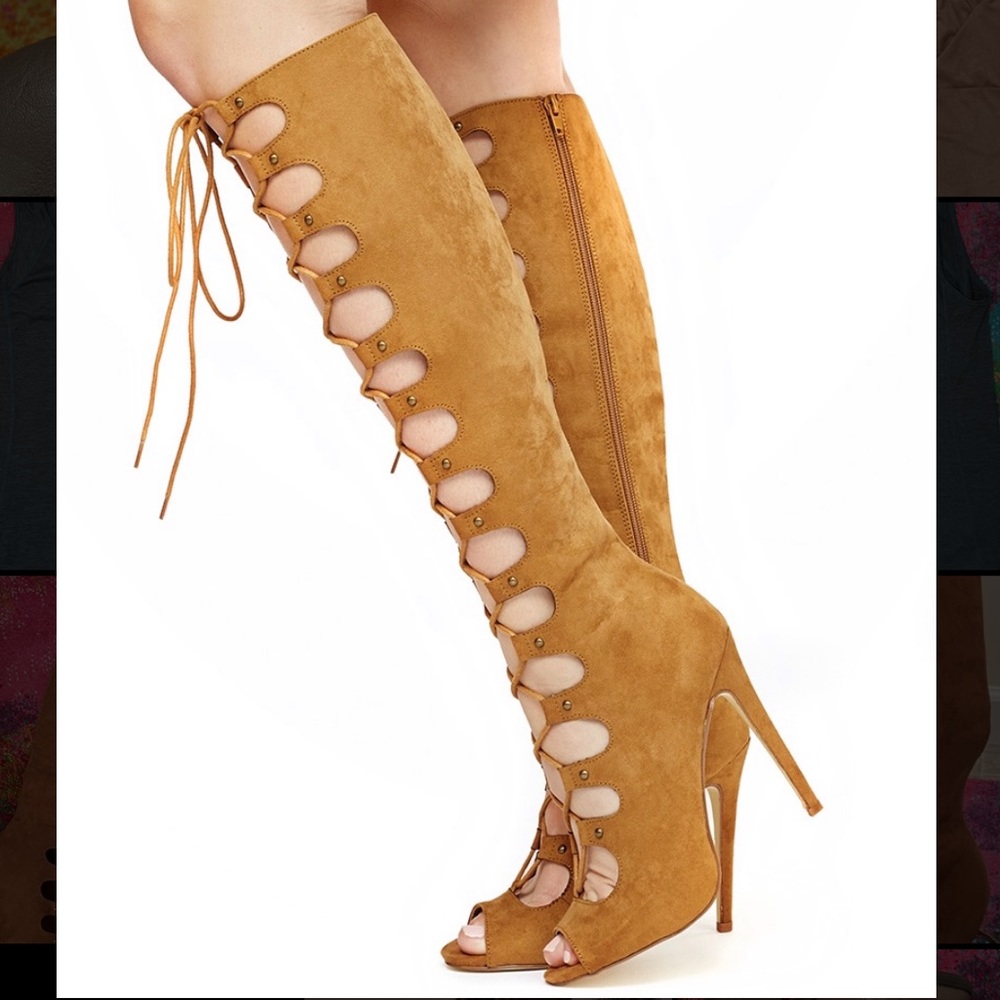 Knee High Lace-Up Suede Heels